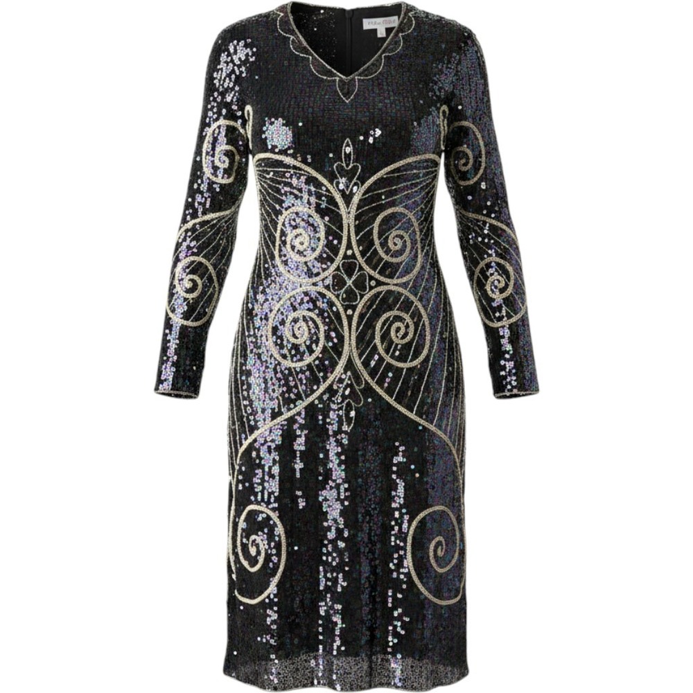 Anishkumar & Co Bombay Vintage Silk Sequin Butterfly Midi Dress Black Purple L